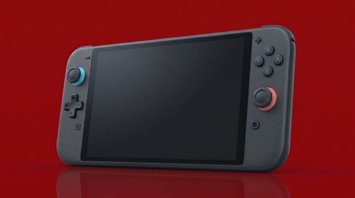 A Nintendo Switch 2 Lite concept with a black screen and colorful joysticks set against a red background.