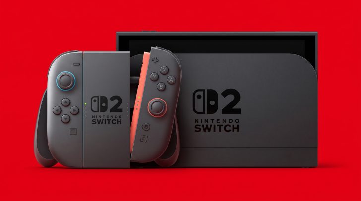A mock-up of a Nintendo Switch 2 console and dock with Joy-Con controllers against a red background.