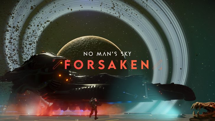 A promotional image for 'No Man's Sky: Forsaken' shows a space explorer standing in front of a large spaceship with a planet and rings in the background.