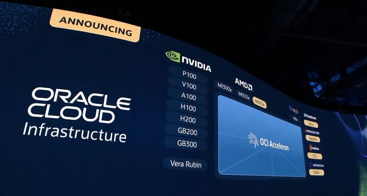The image shows an announcement slide for Oracle Cloud Infrastructure, listing NVIDIA models P100, V100, A100, H100, H200, GB200, GB300, AMD models MI300x, MI355x, M1455x, and other technology including 'OCI Acceleron.'