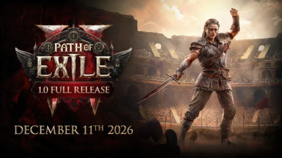 The image shows the game Path of Exile II with text stating '1.0 Full Release' and 'December 11th, 2026,' alongside a warrior character holding two swords in a coliseum.