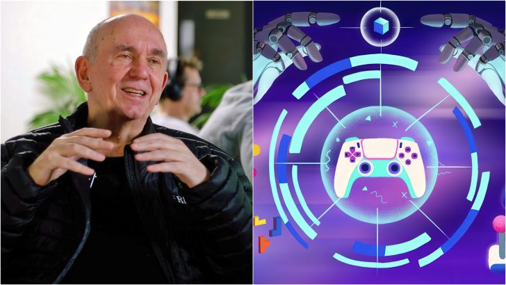 Peter Molyneux gestures while speaking indoors beside an animated graphic featuring AI robotic hands surrounding a gaming controller on a digital interface.