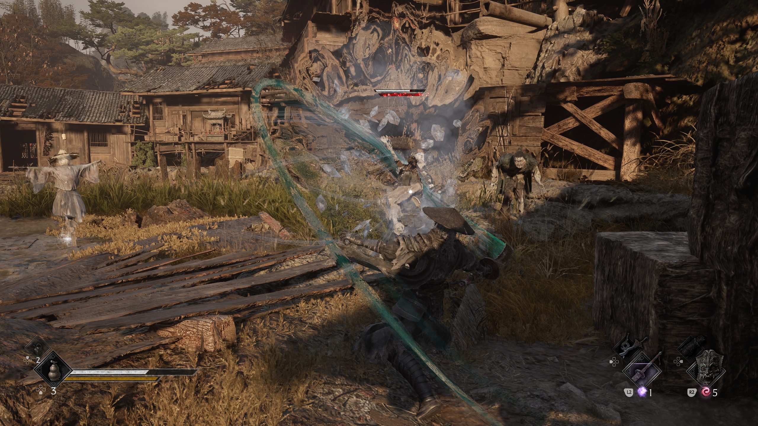 A character in 'Wo Long: Fallen Dynasty' performing a sword attack in a rustic village setting.
