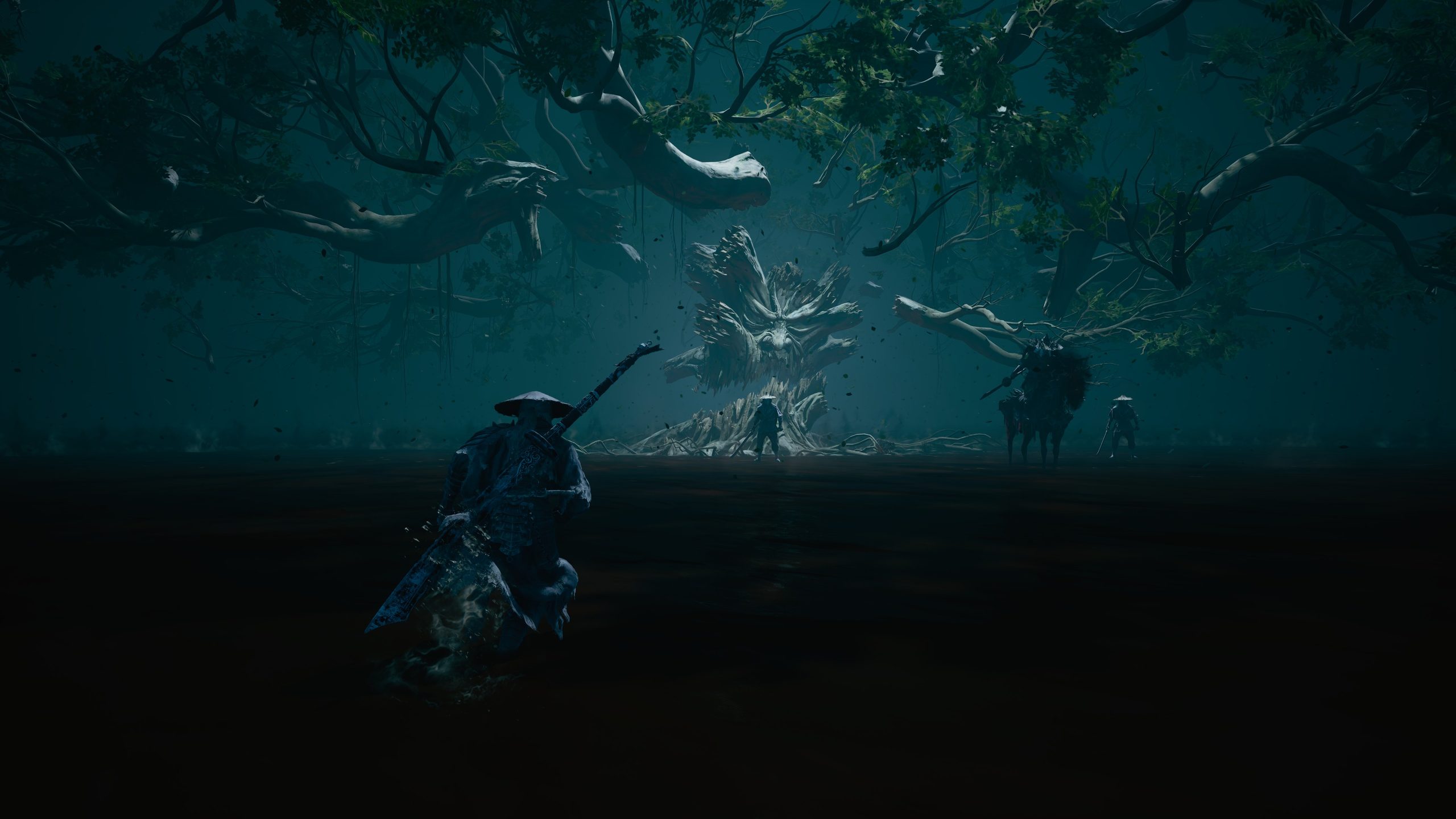 A player character in Black Myth: Wukong approaches a large, menacing tree creature in a dark forest environment.