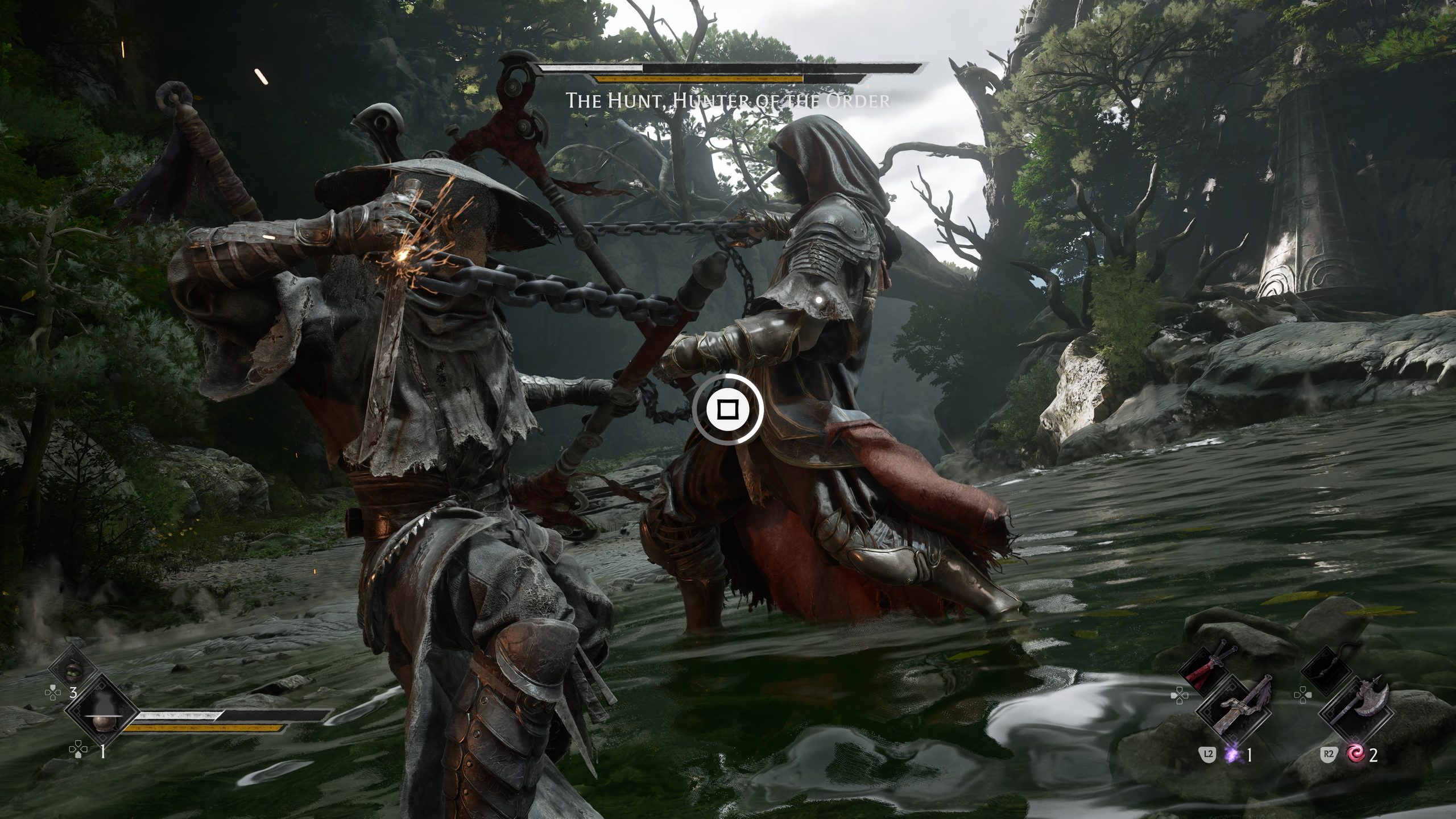 Two characters in medieval armor battle with chains over a river in a scene from the game 'Lies of P,' with on-screen text 'The Hunt, Hunter of the Order.'