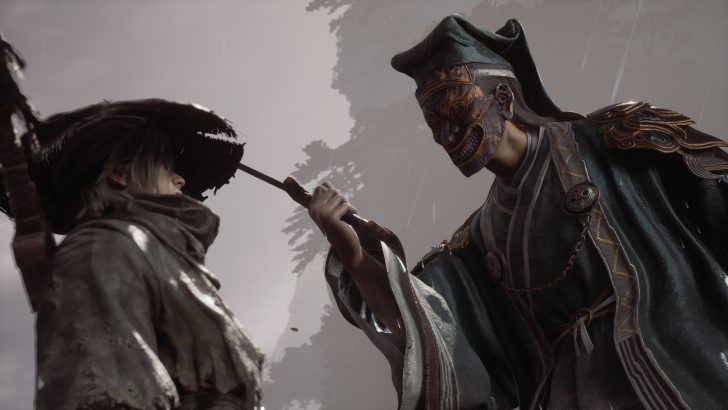 A tense standoff between two characters in the game Phantom Blade Zero, with one character holding a sword to the other.