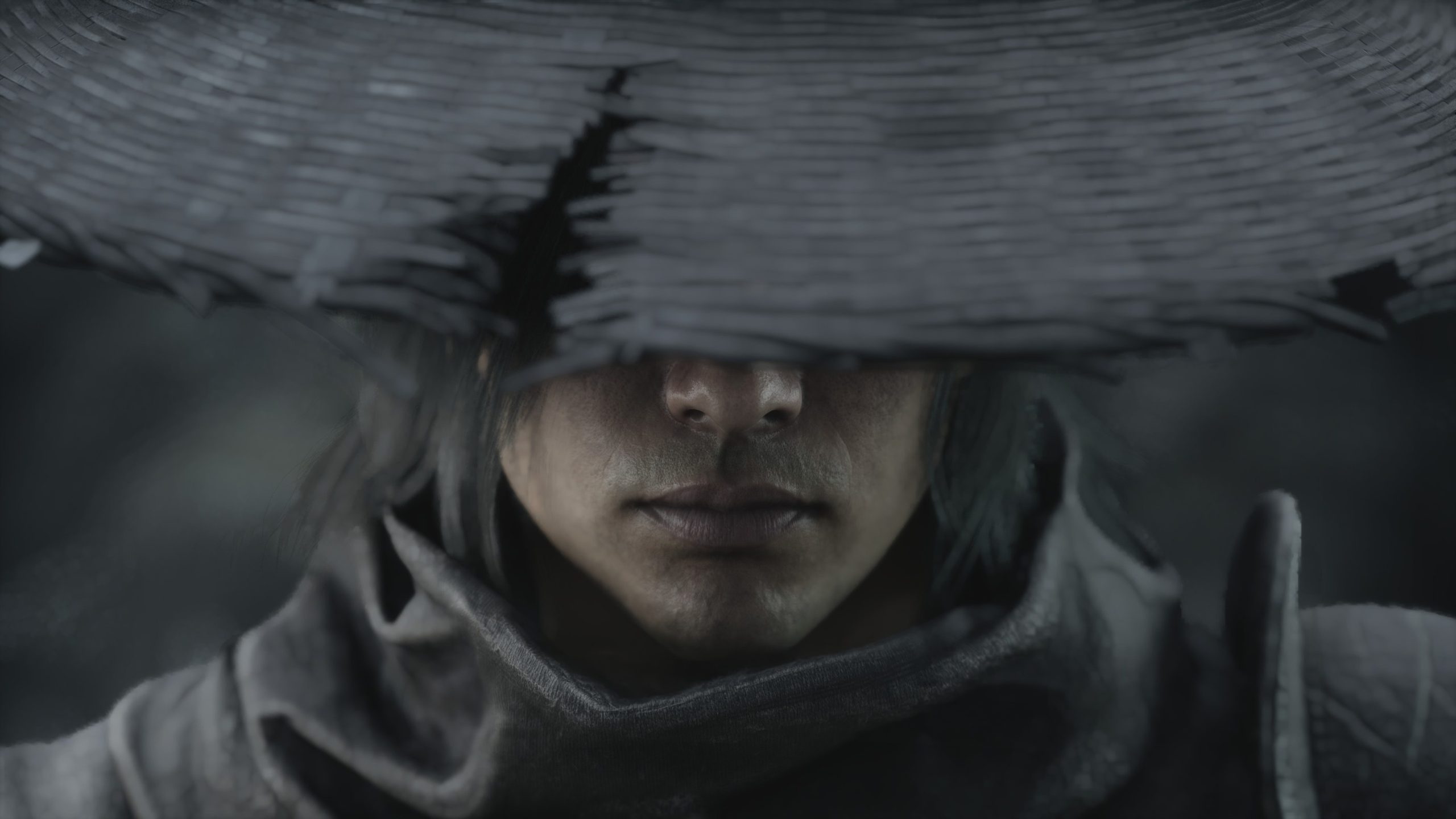 A mysterious character wearing a straw hat obscuring their eyes and a cloak in the game Lies of P.