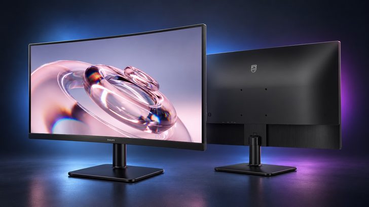 A side-by-side view of the Philips curved monitors, one displaying a digital artwork and the other showing the back panel with the Philips logo.
