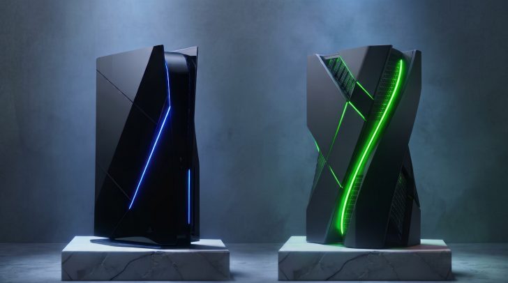 Two futuristic PlayStation 6 and Xbox Project Helix concept gaming consoles are displayed on marble pedestals, one with blue LED accents and the other with green.