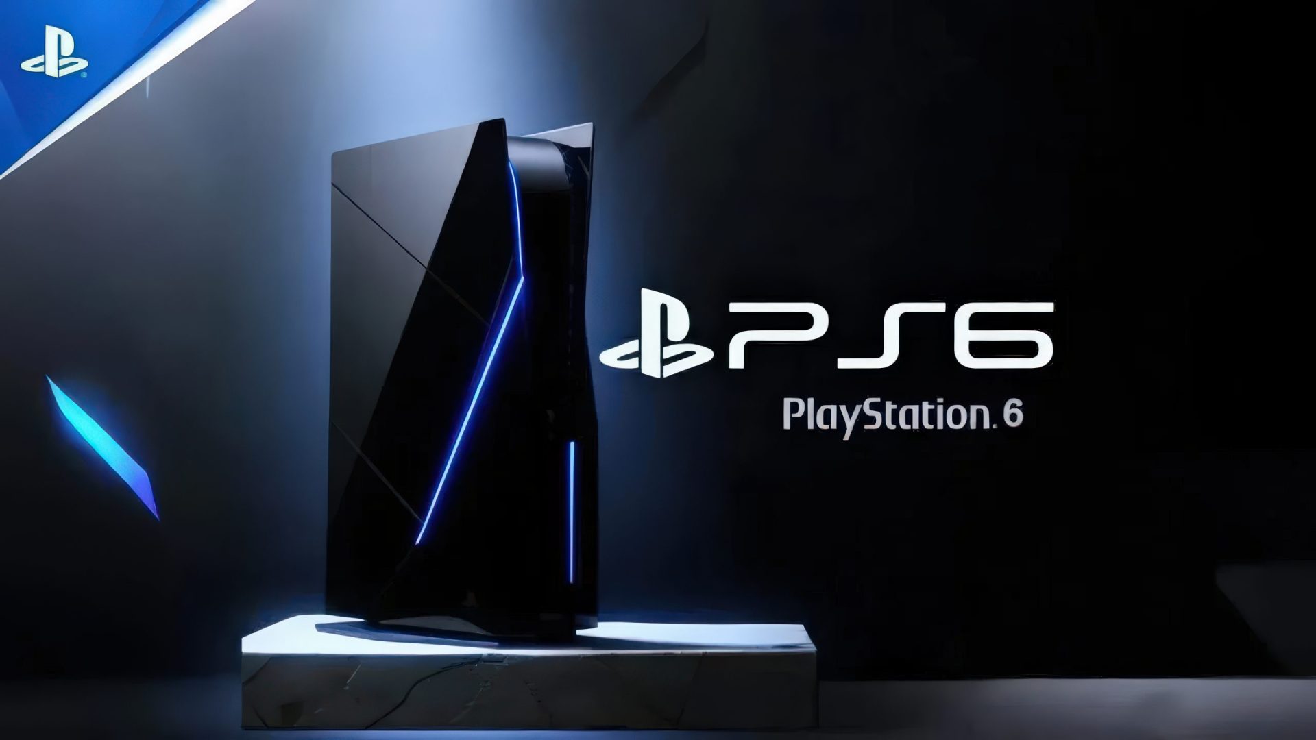 A concept render of a PlayStation 6 console with blue LED accents, featuring the PlayStation logo and 'PS6 PlayStation.6'