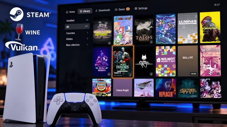 A PlayStation 5 console and controller are positioned in front of a screen displaying a library of games, including 'Hades II' and 'Cyberpunk,' with the logos for Steam, Wine, Vulkan, and Playden visible on the left side.
