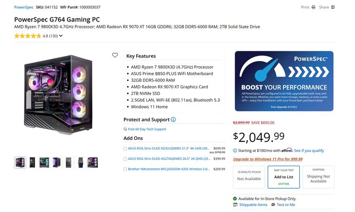 The PowerSpec G764 Gaming PC features an AMD Ryzen 7 9800X3D processor, AMD Radeon RX 9070 XT graphics card, 32GB DDR5-6000 RAM, and a 2TB NVMe SSD, priced at $2,049.99.