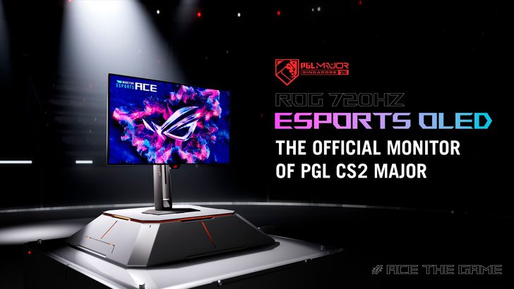 The ASUS ROG 720Hz Esports OLED monitor is displayed with text stating 'The official monitor of PGL CS2 Major.'