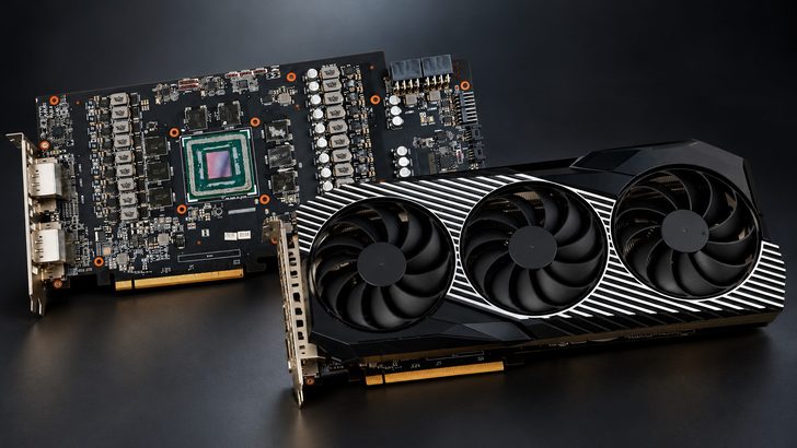 A graphics card with a triple-fan cooler seen alongside its exposed circuit board, displaying multiple power phases and two DVI ports.