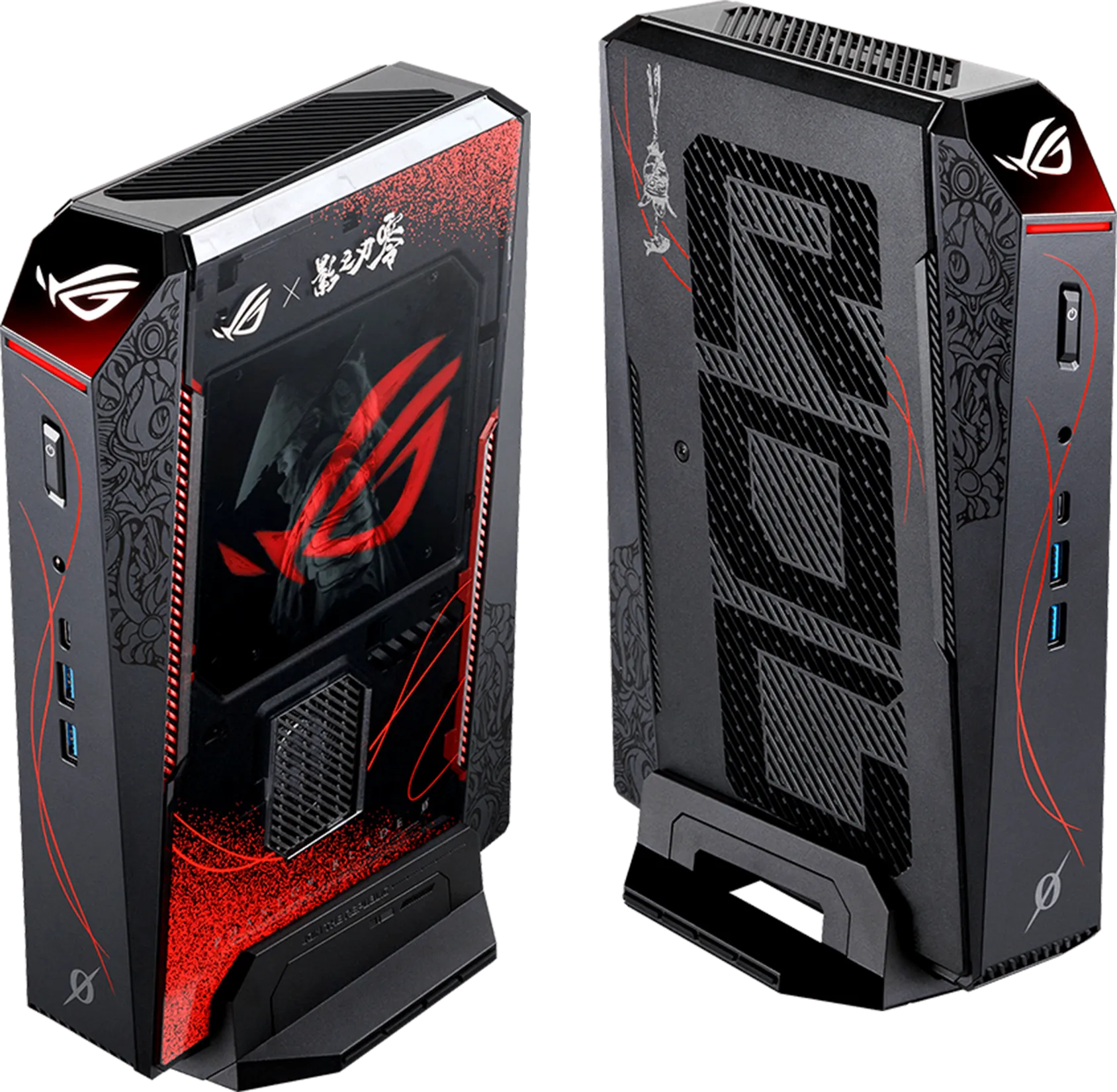 ASUS ra mắt ROG NUC 16 phiên bản Phantom Blade Zero 3 Two Asus ROG-themed gaming PCs with red and black designs and the ROG logo, featuring multiple USB ports on the front panels.