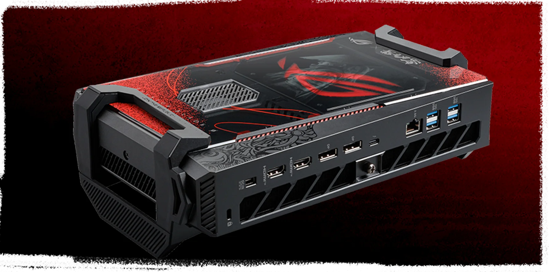 ASUS ra mắt ROG NUC 16 phiên bản Phantom Blade Zero 4 A close-up of the ASUS ROG XG Mobile external GPU enclosure showing multiple USB and HDMI ports on a red and black design.