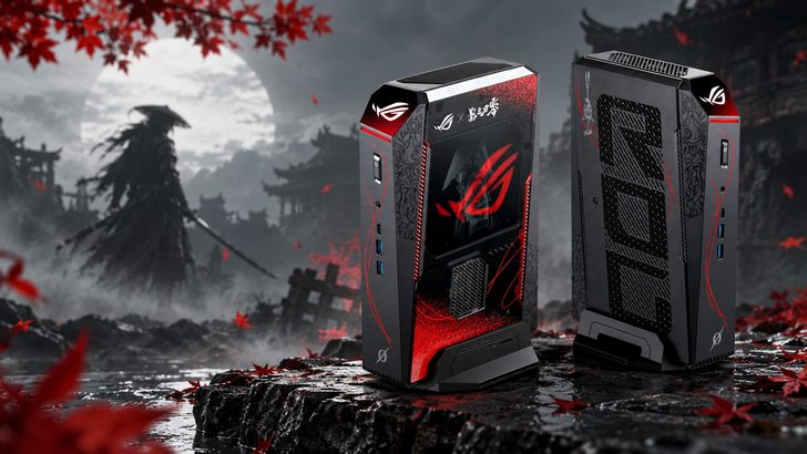 Two ASUS ROG gaming PCs with red and black detailing are set against a background of a samurai landscape with falling red leaves.