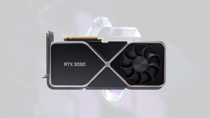 An NVIDIA GeForce RTX 3090 graphics card with a fan design is shown against a light background.