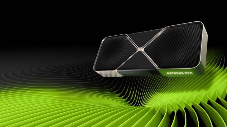A close-up view of an NVIDIA GeForce RTX graphics card with a futuristic green and black background design.