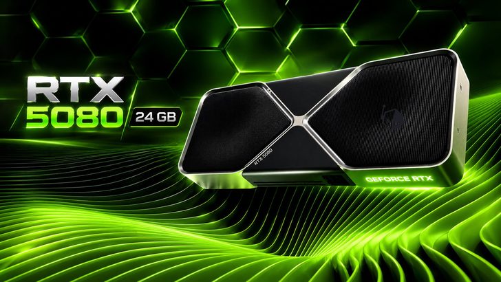 The image features an NVIDIA GeForce RTX 5080 graphics card with 'RTX 5080 24 GB' text, set against a green, hexagonal-themed background.