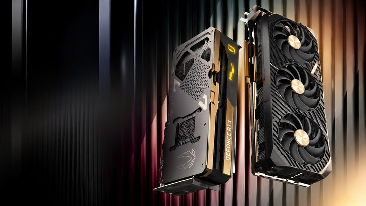 Two graphics cards with triple-fan designs, including one labeled ZOTAC Gaming GeForce RTX, are showcased vertically against a gradient background.