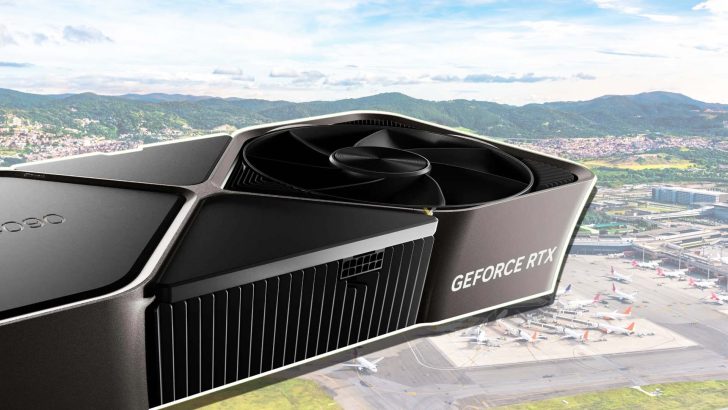 A NVIDIA GeForce RTX graphics card hovers in front of an airport with several parked airplanes.