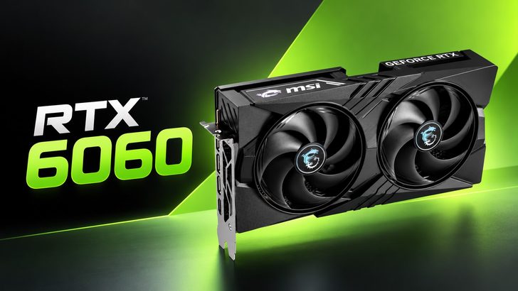 An MSI GeForce RTX 6060 graphics card is displayed, featuring dual fans with the MSI logo and the 'RTX 6060' label prominently in the background.