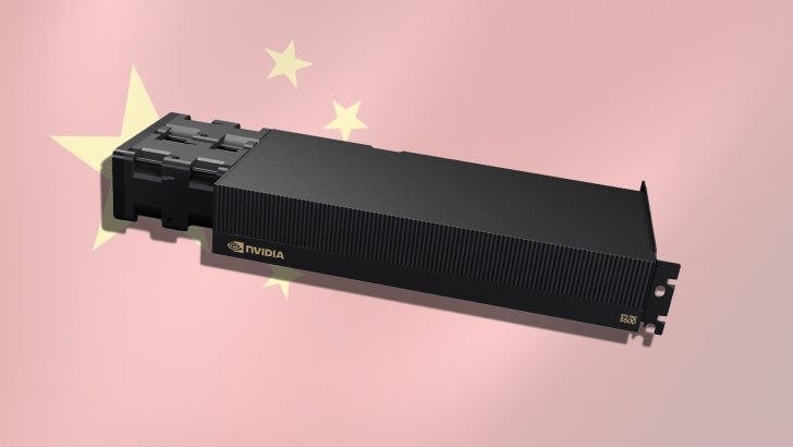 An NVIDIA RTX Pro 5500 graphics card against a backdrop of the Chinese flag.