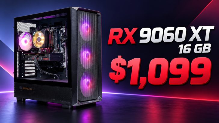 A gaming PC with RGB lighting showcases a 'Radeon RX 9060 XT' inside, with the text 'RX 9060 XT 16 GB $1,099' beside it.