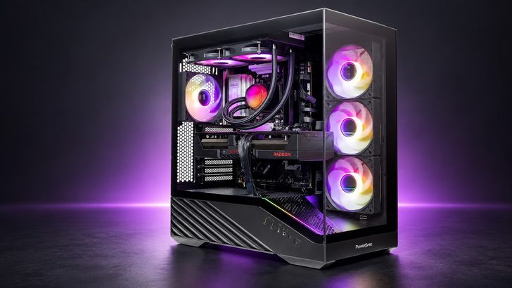 A PowerSpec gaming PC case with RGB fans and an ASUS component inside, featuring a visible 'RADEON' graphics card.