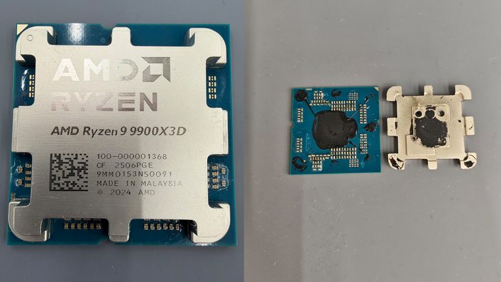 An AMD Ryzen 9 9900X3D processor is shown alongside its delidded components on a gray surface.
