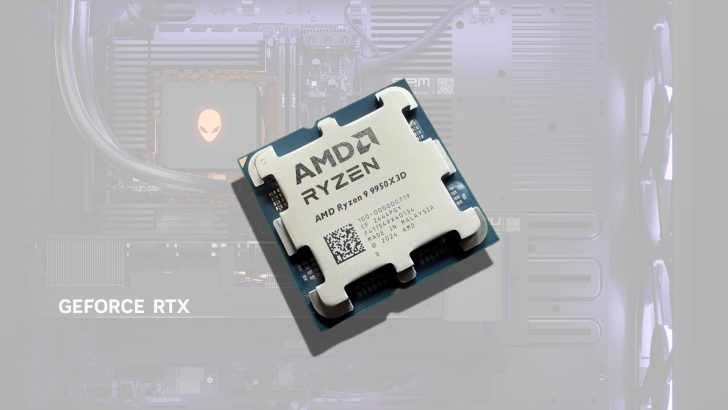 A close-up of an AMD Ryzen 9 9950X3D processor with the text 'GEFORCE RTX' in the background.