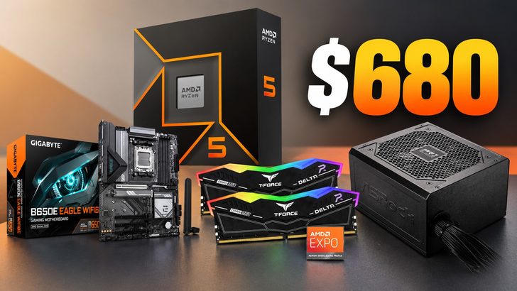An AMD Ryzen 5 CPU box, a Gigabyte B650E Eagle WiFi 6E motherboard, T-Force Delta RGB DDR5 memory modules, ASRock power supply, and 'AMD EXPO' overclocking profile card are shown, priced at '$680'.