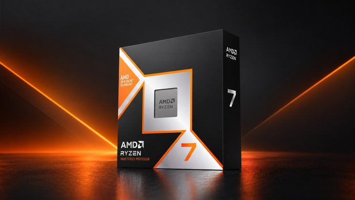 A box of the AMD Ryzen 9000 Series Processor featuring 'AMD 3D V-Cache Technology' with a prominent orange and black design.