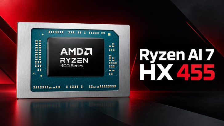 An AMD Ryzen 400 Series processor is displayed next to text reading 'Ryzen AI 7 HX 455' on a red and black background.