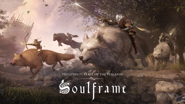 Characters riding wolves in a fantasy landscape in the game 'Soulframe' with the text 'Preludes 17: Verse of the Veilands'.