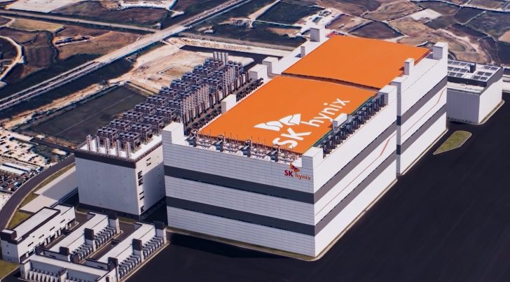 An aerial view of the SK hynix semiconductor manufacturing plant with an orange roof logo.