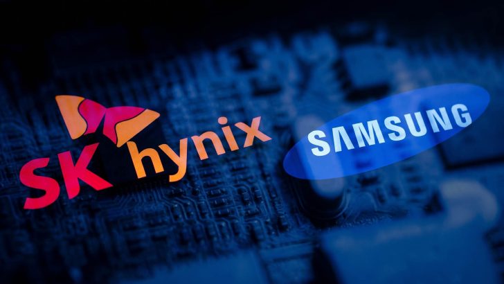The image shows logos of SK Hynix and Samsung overlaid on a blurred circuit board background.