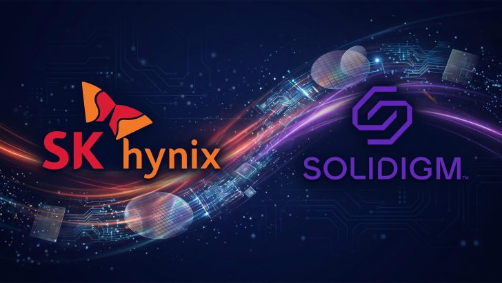 Logos of SK Hynix and Solidigm with an abstract digital circuit and semiconductor illustration in the background.