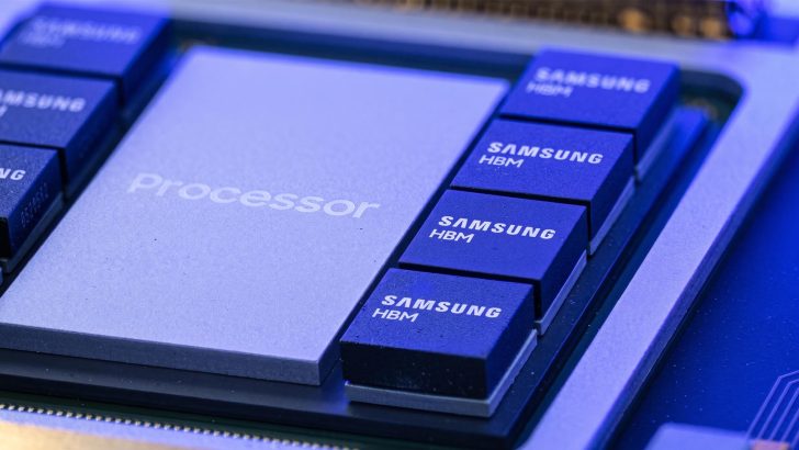 Close-up of a processor with multiple Samsung HBM memory modules adjacent to it.