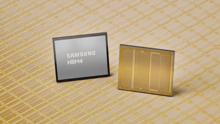 Samsung HBM4 chip displayed on a patterned background next to its open architecture counterpart.