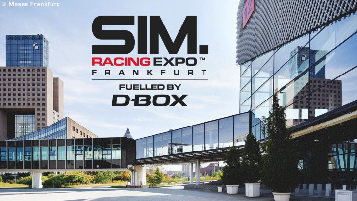 The image shows the logo for 'SIM Racing Expo Frankfurt Fuelled by D-Box' overlaid on a modern architectural setting with glass buildings.