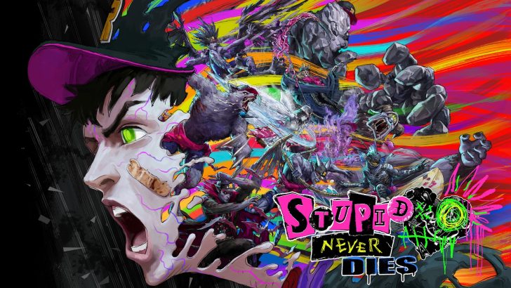 An illustrated art piece featuring a figure with a green eye and an open mouth, surrounded by various fantasy creatures, and the text 'STUPID NEVER DIES' prominently displayed.