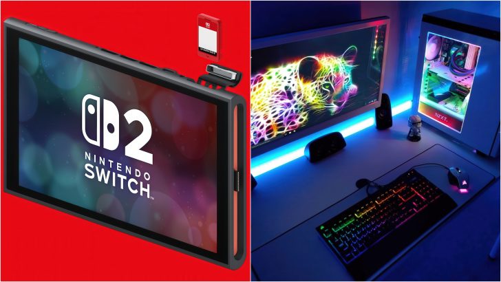 On the left, a device with 'Nintendo Switch 2' displayed on its screen and a red game cartridge labeled '32' above it; on the right, a gaming PC setup with an NZXT PC case, a colorful lion image on the monitor, and a Corsair mouse and RGB keyboard on the desk.