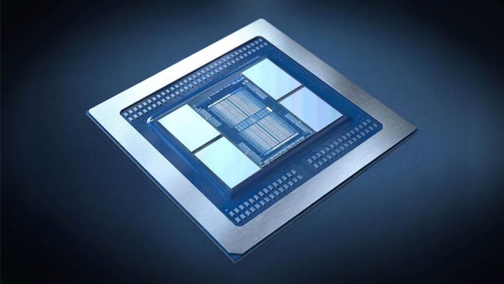 A close-up of an Intel chip with a silver and blue design, showing intricate circuitry details.