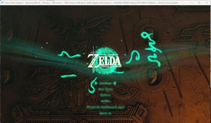 The main menu of 'The Legend of Zelda: Tears of the Kingdom' is displayed with options such as Continue, New Game, and Amiibo, and a top overlay shows performance details including 59.3 fps on an NVIDIA GeForce RTX 4060 Ti.