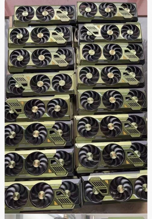 Multiple NVIDIA GeForce graphics cards stacked in rows, featuring dual fan designs and visible 'GEFORCE' branding on the boxes.