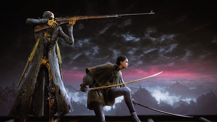 A scene from the game The Duskbloods featuring a tall, armored character with a rifle and a crouching character holding a sword against a moody, mountainous backdrop.