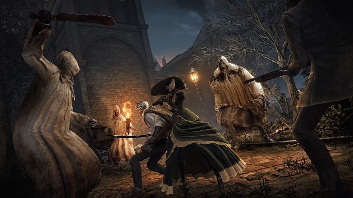 A character in The Duskbloods engages in combat with multiple cloaked enemies in a dark, atmospheric setting.