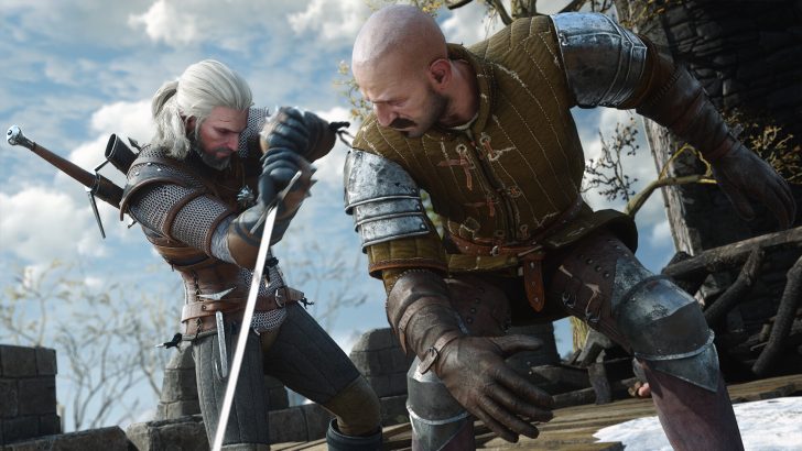 A swordfight scene from The Witcher 3: Wild Hunt featuring Geralt of Rivia in combat with a bald opponent.